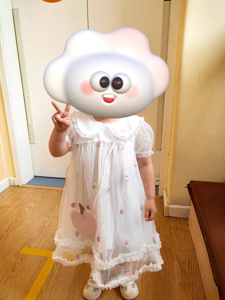 Customer photo review of Dave&Bella Girls Summer Bubble Sleeve Mesh Birthday Dress (free wallet bag)