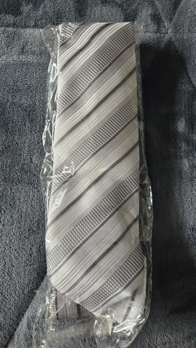 Customer photo review of Silver Grey Striped Necktie Pocket Square Cufflinks Set