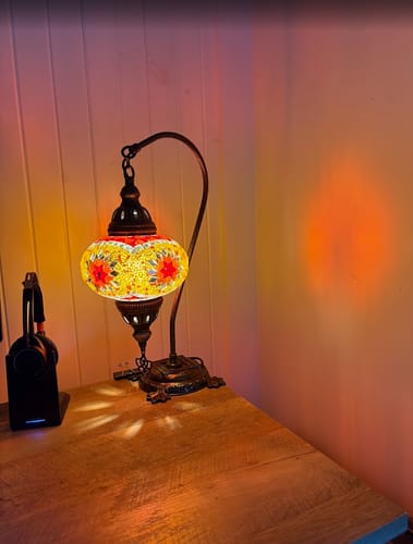 Customer photo review of SWAN NECK MOSAIC TABLE LAMP, LARGE GLOBE