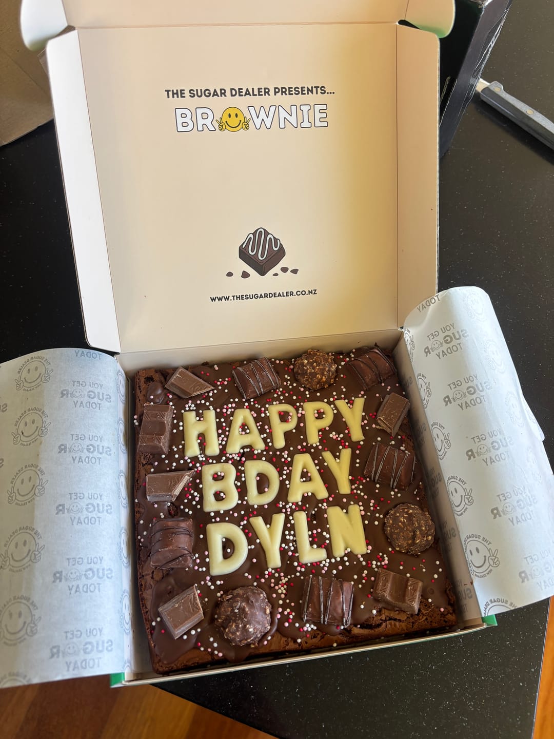 Customer photo review of Custom message chocolate fiend brownie