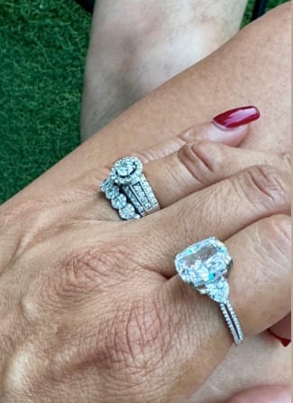 Customer photo review of Moissanite 6.0Ct Cushion Cut Three Stone Engagement Ring In Sterling Silver