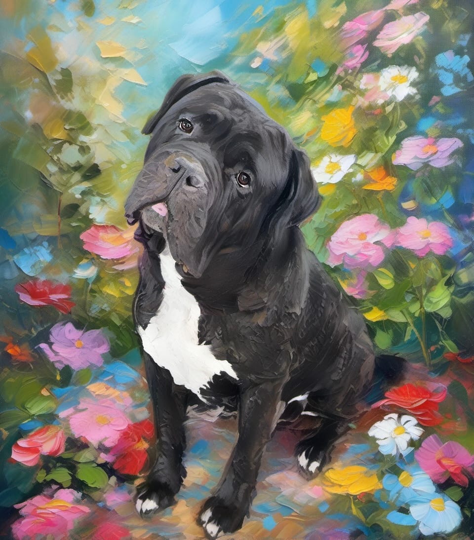 Customer photo review of Monet-style garden oil painting pet portrait