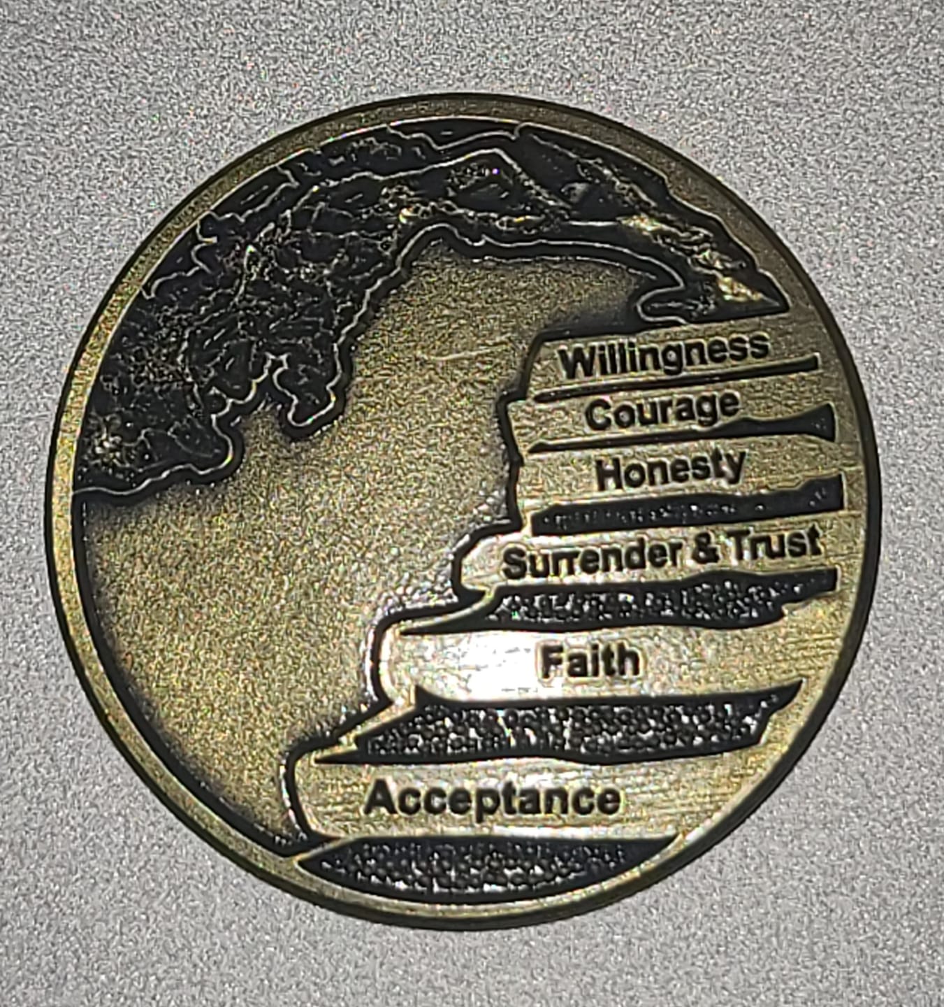 Customer photo review of Wisdom Tree 12 Steps/Principles AA Bronze Recovery Medallion