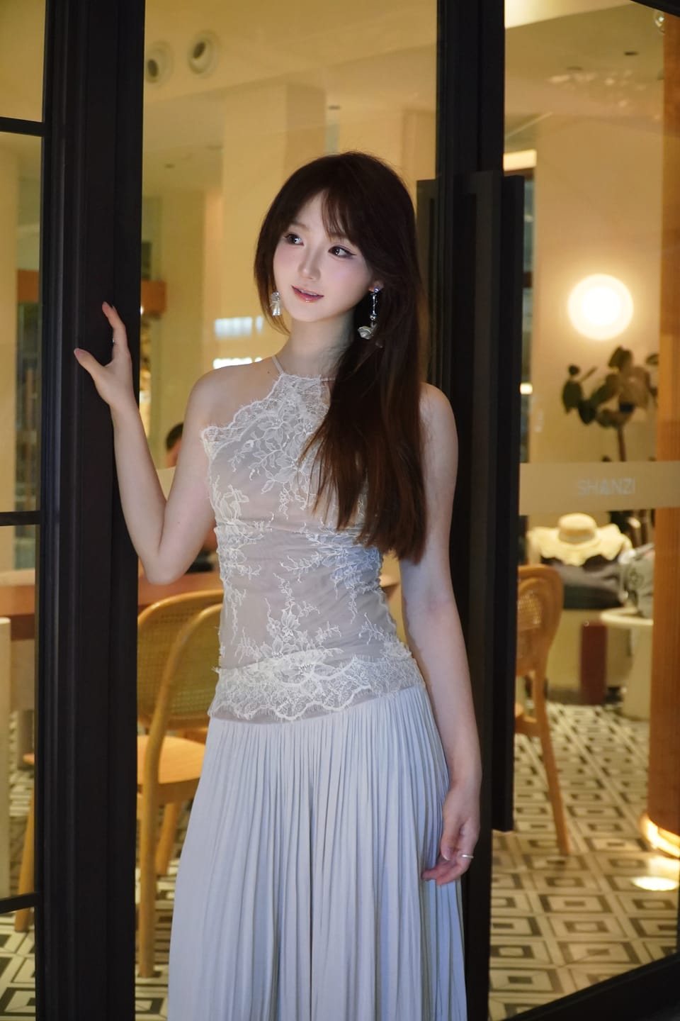 Customer photo review of ROVENTE Embroidered Lace Halter Dress With Gathered Hem