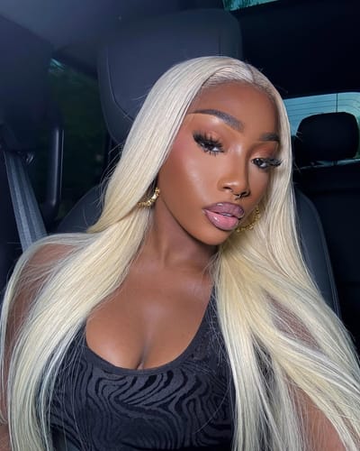 Customer photo review of Long Straight #613 Glueless Wig Smaller Knots 5x5 Swiss HD Pre-Cut Lace 24-26" Platinum Blonde