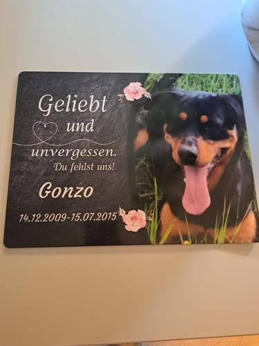 Customer photo review of Hunde Gedenktafel mit Foto & Spruch (UV- &  Wetterfest)