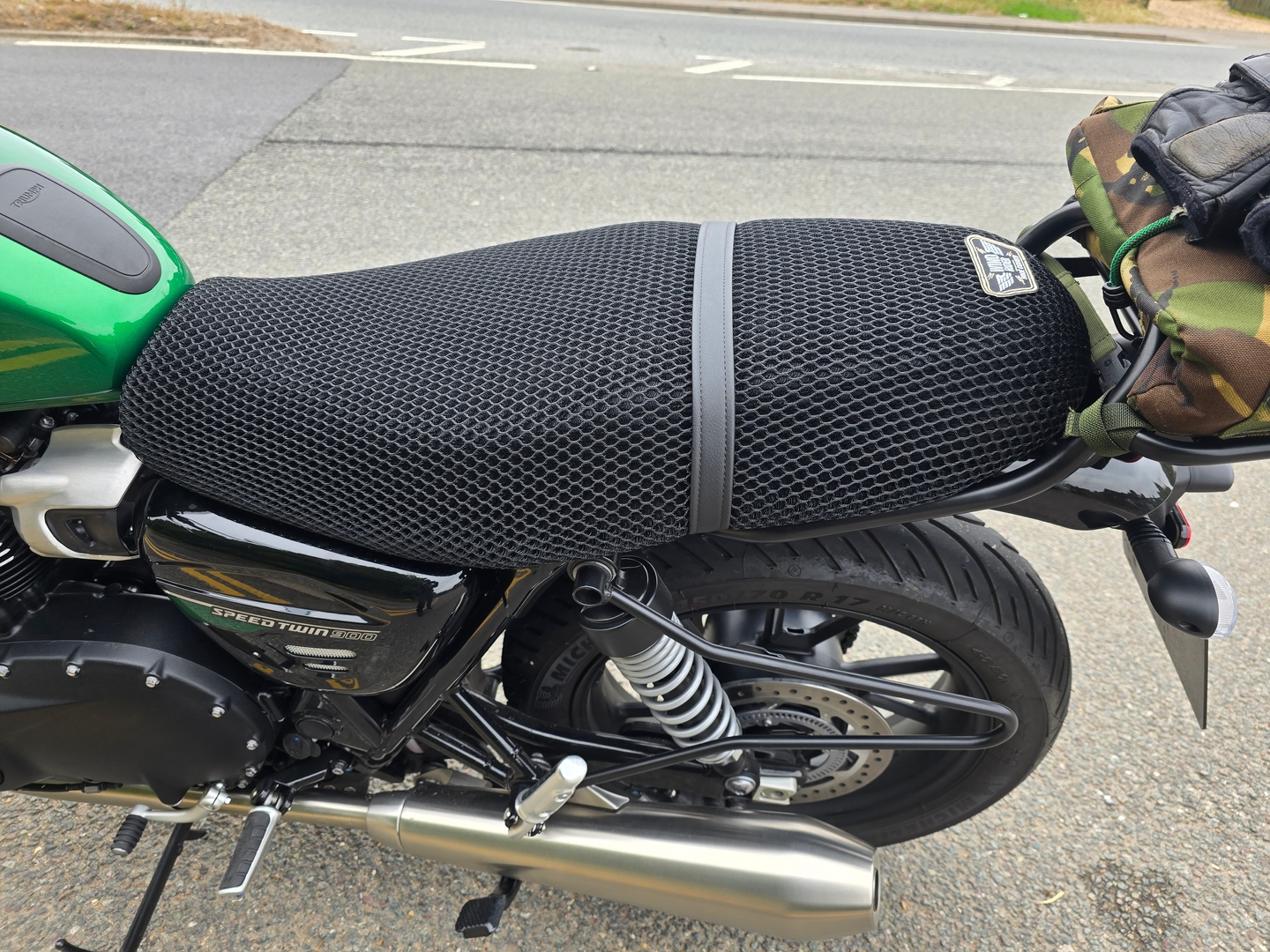 Wind Rider mesh seat cover on a Triumph Speed Twin