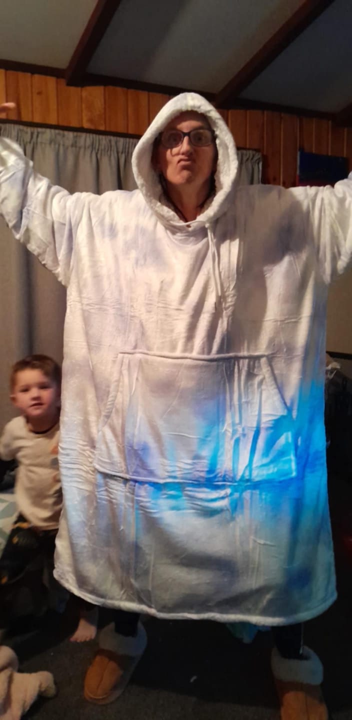 Customer photo review of EXTRA LONG ADULT BLANKET HOODIE - PURPLE TIE DYE