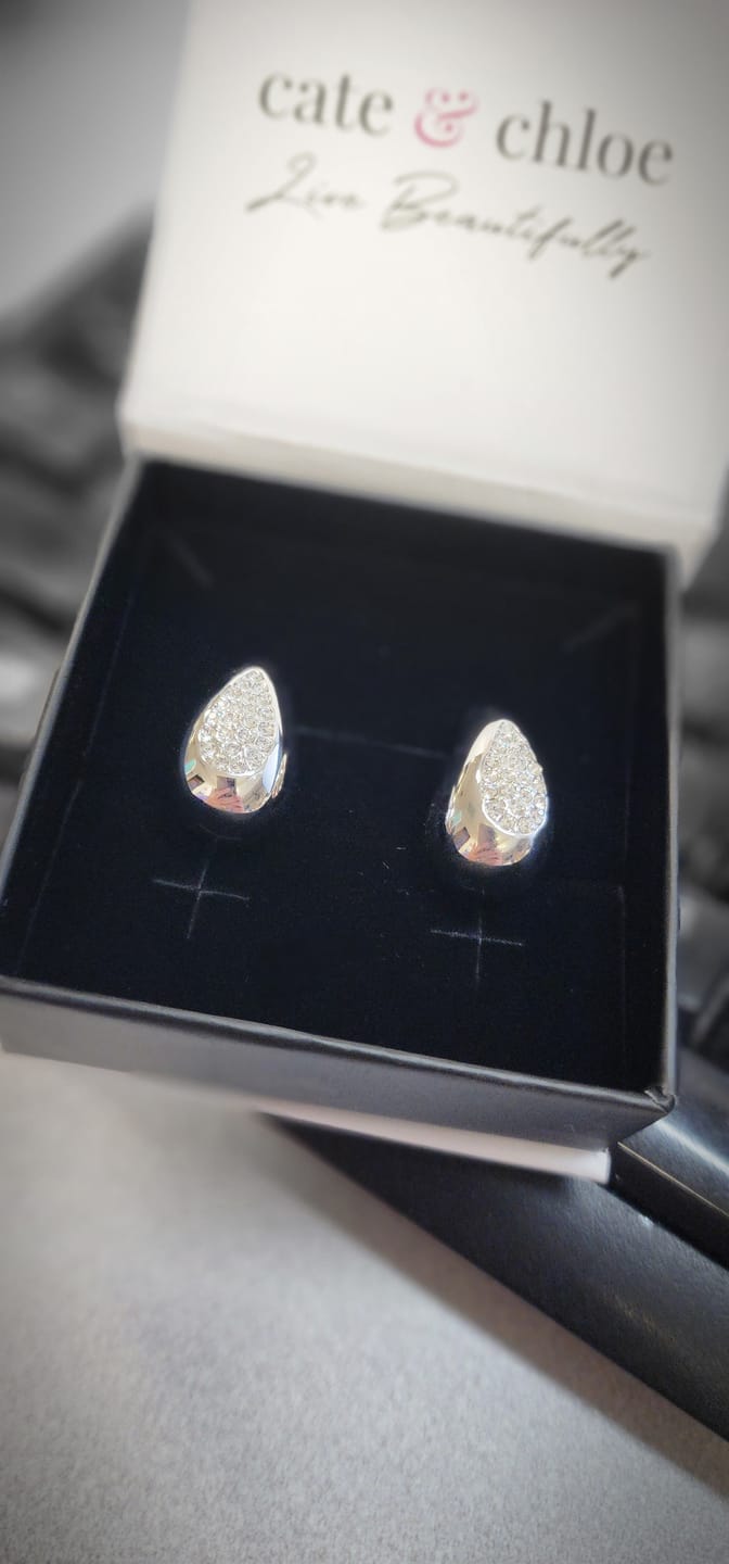 Customer photo review of Sally 18k White Gold Plated Tear drop Stud Earrings with Swarovski Crystals