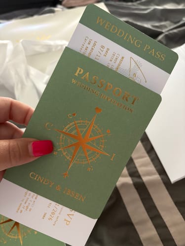 Customer photo review of Sage Green Passport Wedding Invitation with Gold Letters