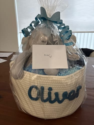 Customer photo review of Baby Knits™  Multicolor Personalized Knitted Basket