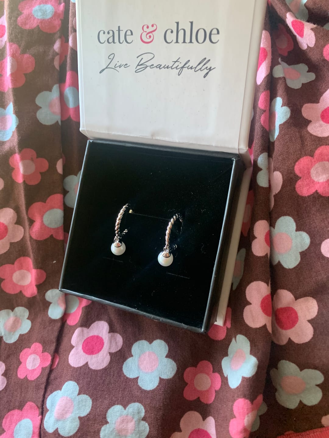Customer photo review of Cheyanne 18k White Gold Plated 16mm Twisted Half Hoop Drop Pearl Earrings