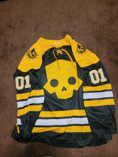 Customer photo review of Custom Brown Yellow-White Lace-Up Neck Hockey Jersey