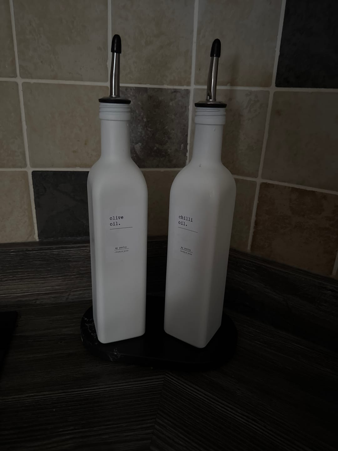 Customer photo review of Set of 2 Milky White Glass Bottle 500 ML with Stainless Steel Pump & Small Tray (White Label)