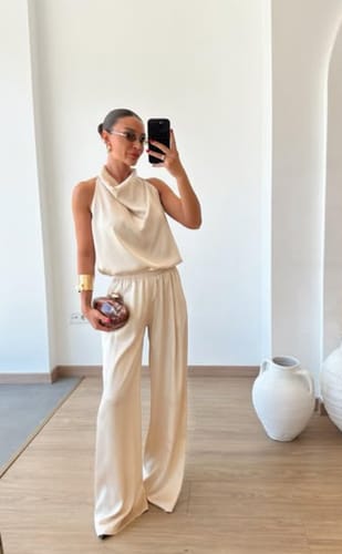 Customer photo review of Classic on You Satin High Cowl Neck Top and Elastic Waist Pocket Loose Pants Set