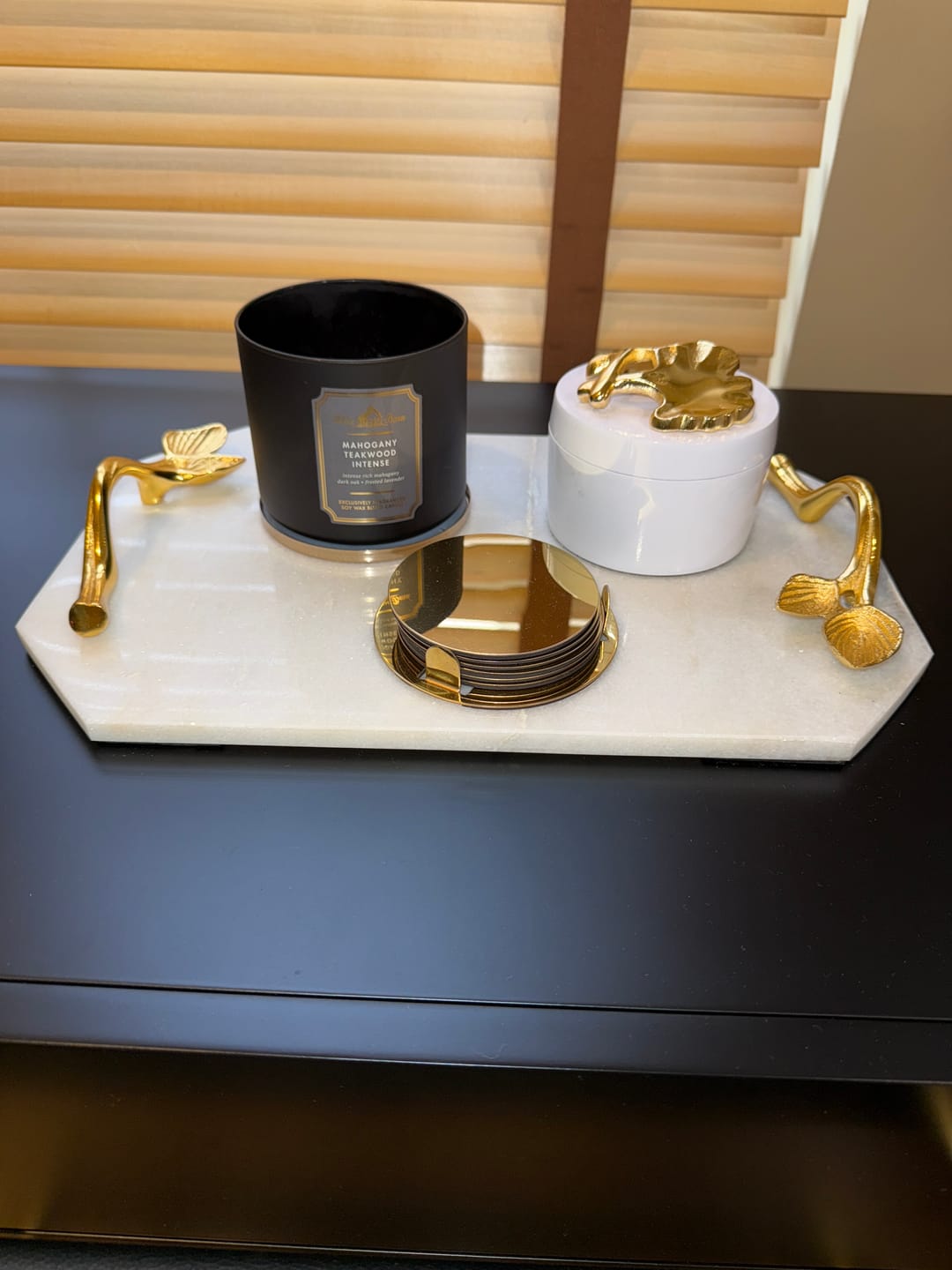 Customer photo review of White Marble Serving Tray with Gold Metal Handles