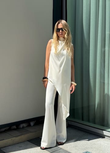 Customer photo review of Simply Luxe Satin High Neck Irregular Hem Top and Elastic Waist Flare Loose Pants Set