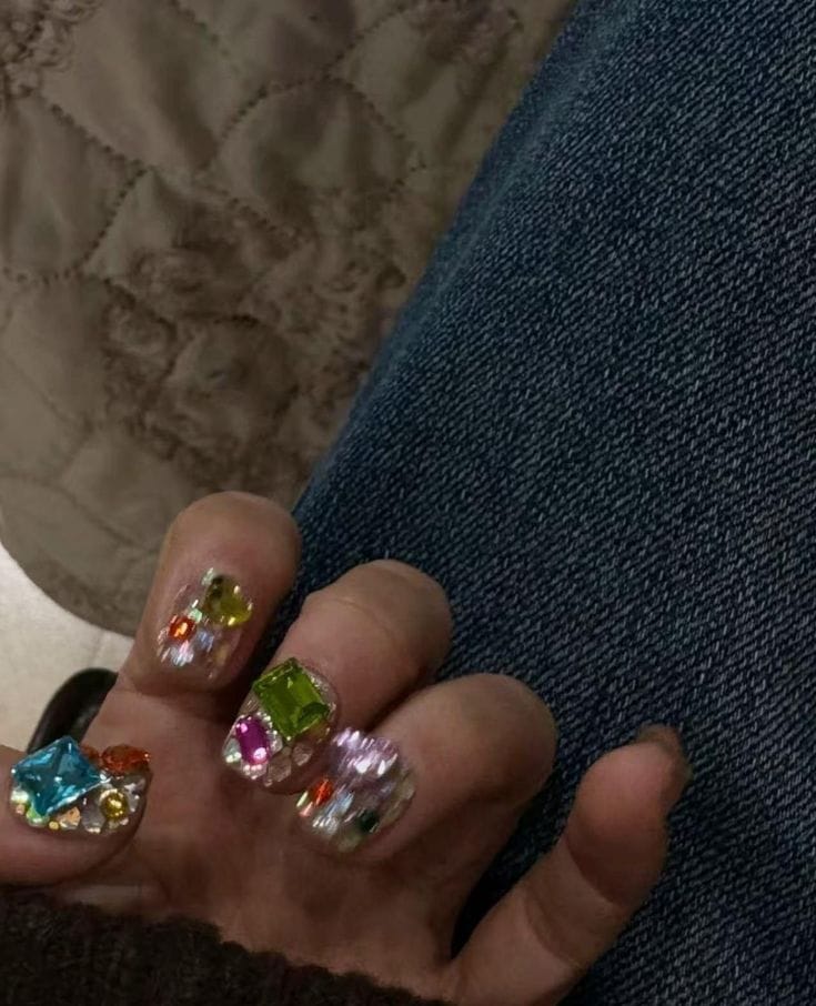 Customer photo review of Siva Nail,Jewel-Tone Junk Nail Set – Oversized Rhinestone Charms Handmade Press on Nails