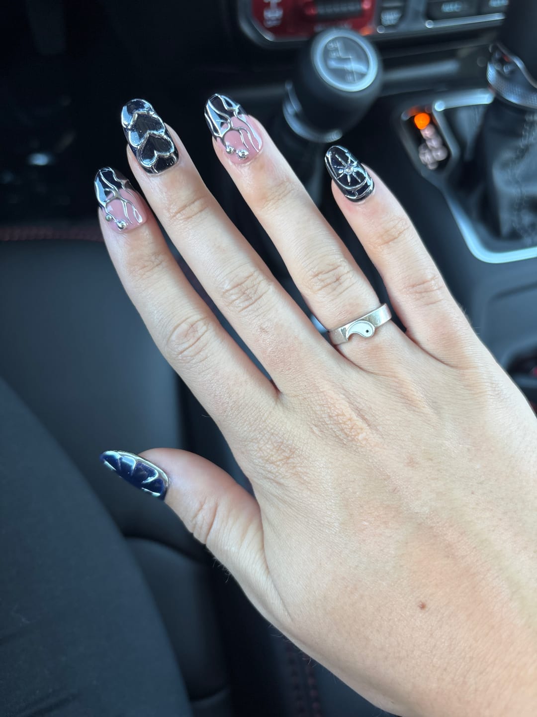 Customer photo review of Black Press On Nails, Gothic Punk Rock Nails, Goth Silver Mirror Effect With Nude French DarkNailz