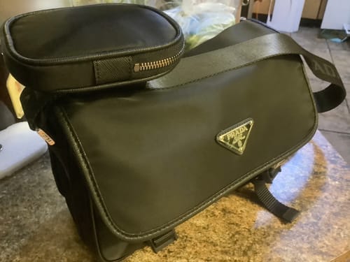 Customer photo review of PRA 26 SHOULDER BAG IN BLACK RE-NYLON AND SAFFIANO LEATHER
