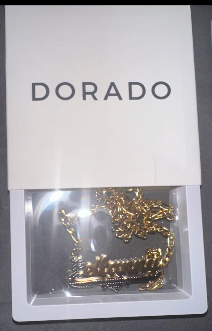 Customer photo review of Double Plated Script Name Necklace w/ Figaro Chain