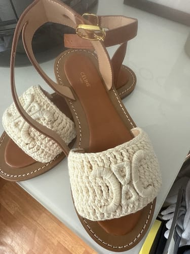 Customer photo review of LYMPIA SANDAL IN WHITE TRIOMPHE MACCRAMÉ COTTON AND TAN CALFSKIN
