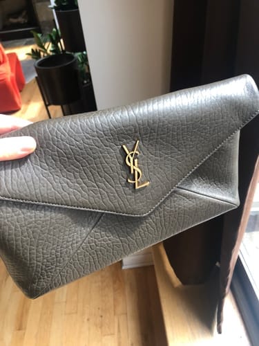 Customer photo review of ENVELOPE CLUTCH 29 IN KOMBU GREEN LAMBSKIN COPPER LOGO