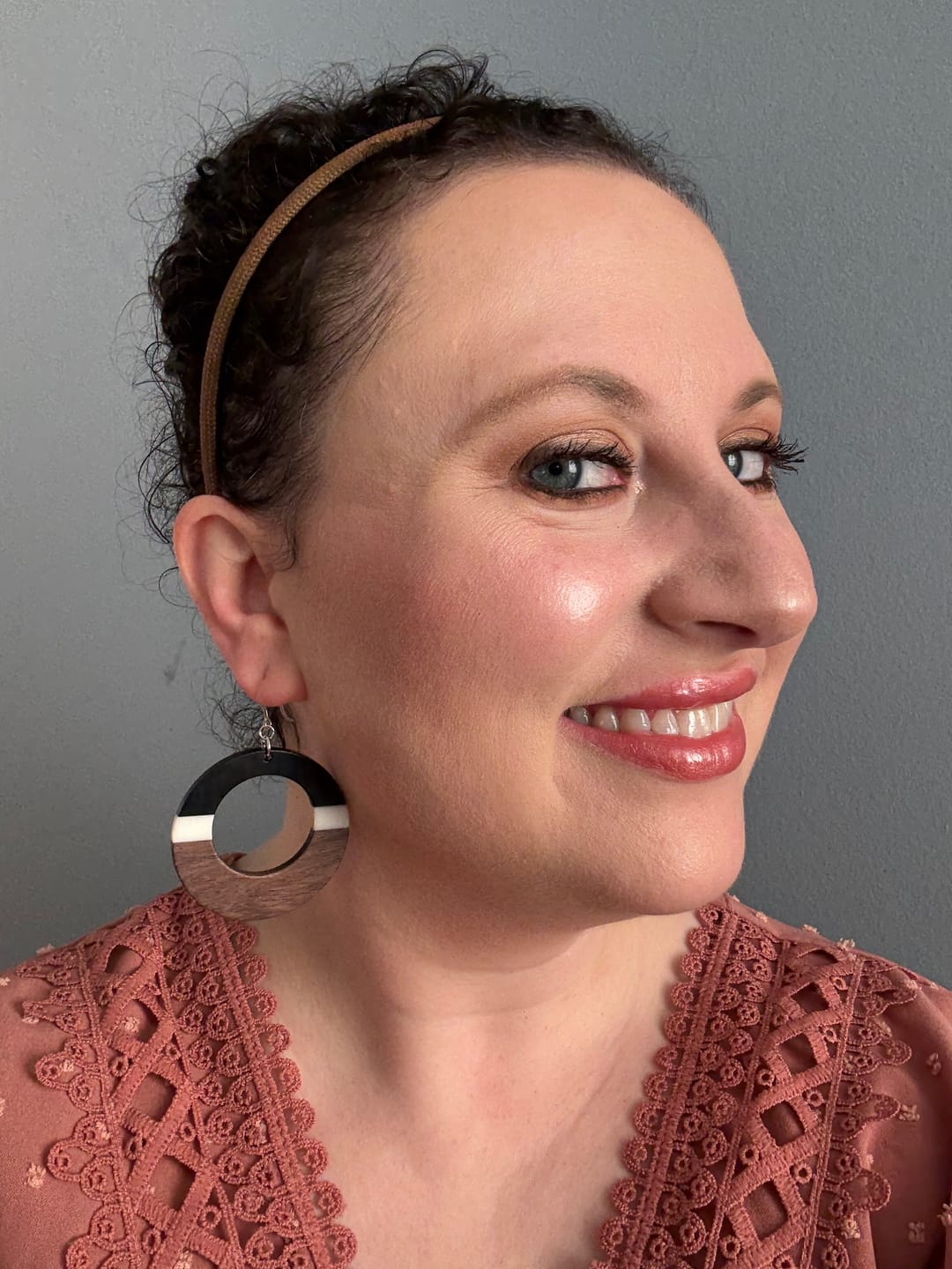 Customer photo review of Exaggerated Wooden Celluloid Hoop Dangles Hypoallergenic Earrings for Sensitive Ears Made with Plastic Posts