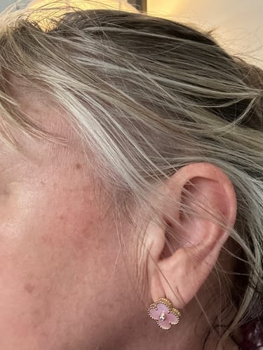 Customer photo review of CLOVER GOLD PINK MOP EARRINGS