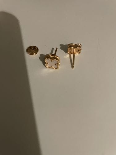 Customer photo review of CLOVER MINI PINK GOLD MOP EARRINGS
