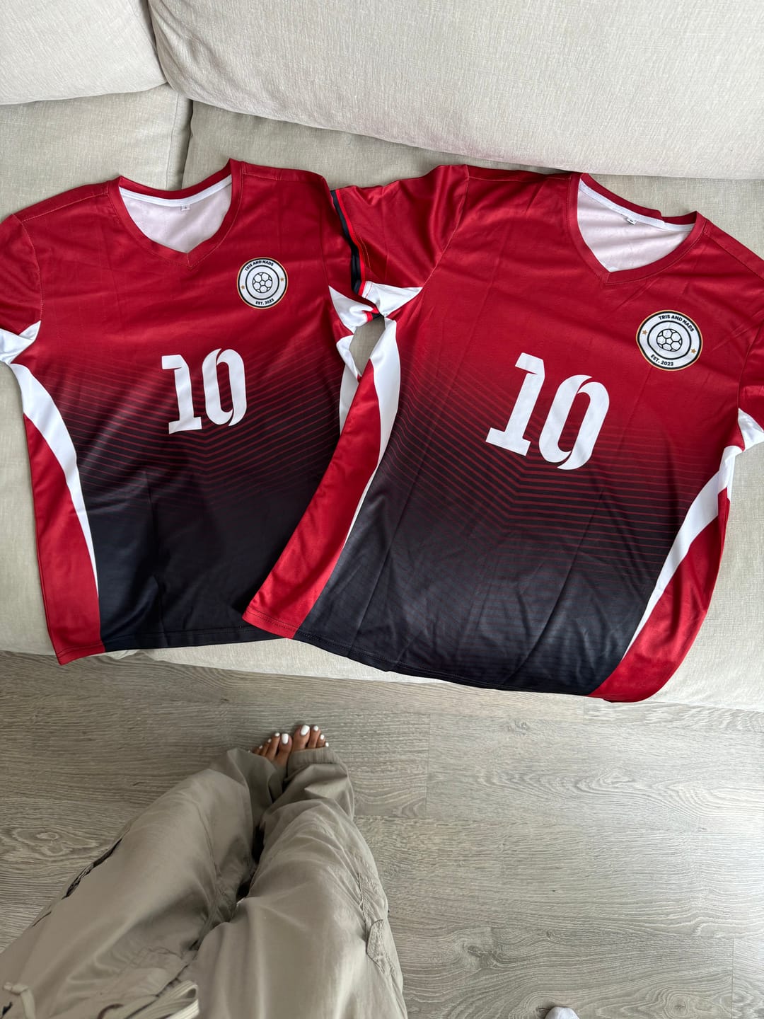 Customer photo review of Custom Light Pink Classic Striped Personalized Football Kit Jersey
