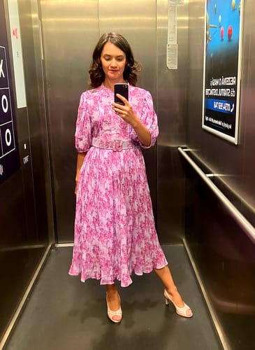 Customer photo review of Rochie Galle mov cu imprimeu floral si pliuri