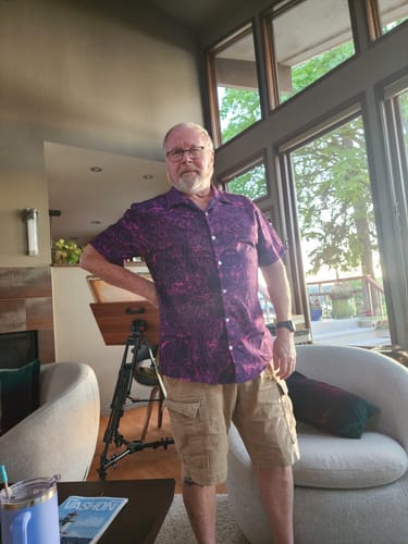 Customer photo review of Exploding Kittens Mashup Purple Button Up Shirt