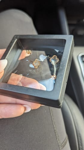 Customer photo review of CLOVER MINI PINK GOLD MOP EARRINGS