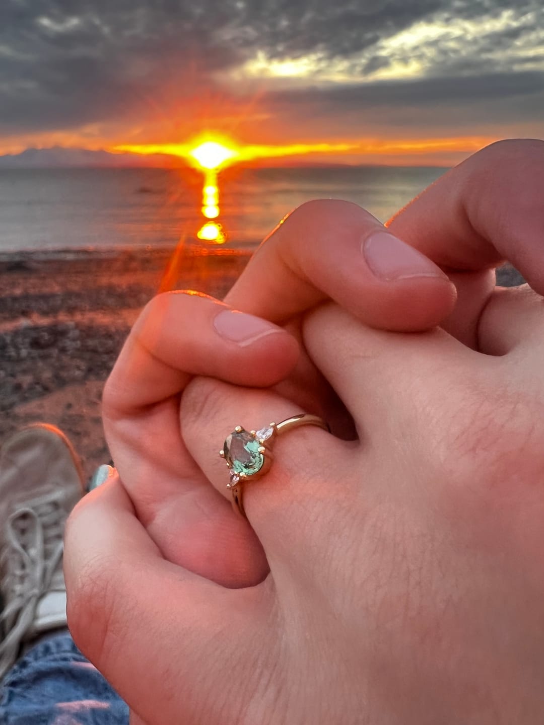 Customer photo review of Three Stones Green Sapphire Engagement Set - with Diamonds