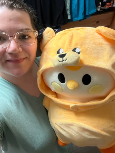 Customer photo review of Yellow Finch Plushie – Soft & Cuddly with Yellow Bear Costume