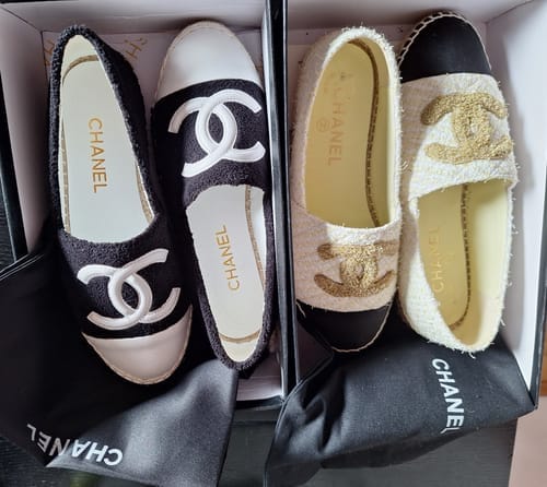 Customer photo review of cc espadrilles gold white tweed black grosgrain
