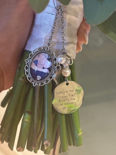 Customer photo review of Customizable Bridal Bouquet Charm - Oval Lace Photo Locket with Heart Engraved Pendant, Personalized Wedding Memorial Jewelry for Sentimental Brides