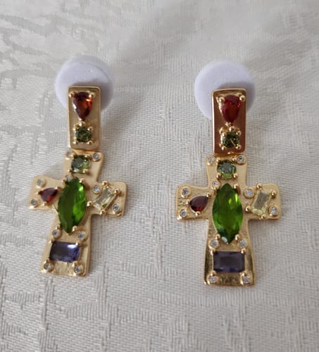 Customer photo review of Theodora’s Treasure Retro Cross Crystal Earrings