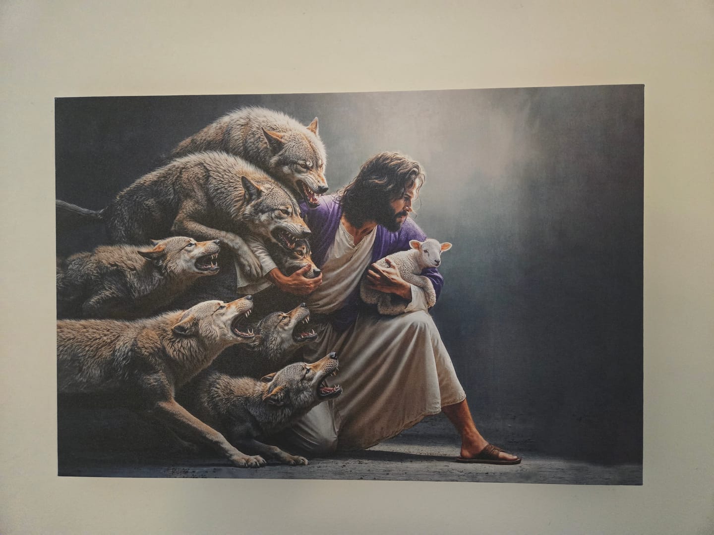Customer photo review of Jesus Protects The Lamb From Wolves Wall Art Canvas
