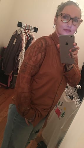 Customer photo review of Satin Saddle Colored Top with Lace Sleeves and Turquoise Buttons FINAL SALE
