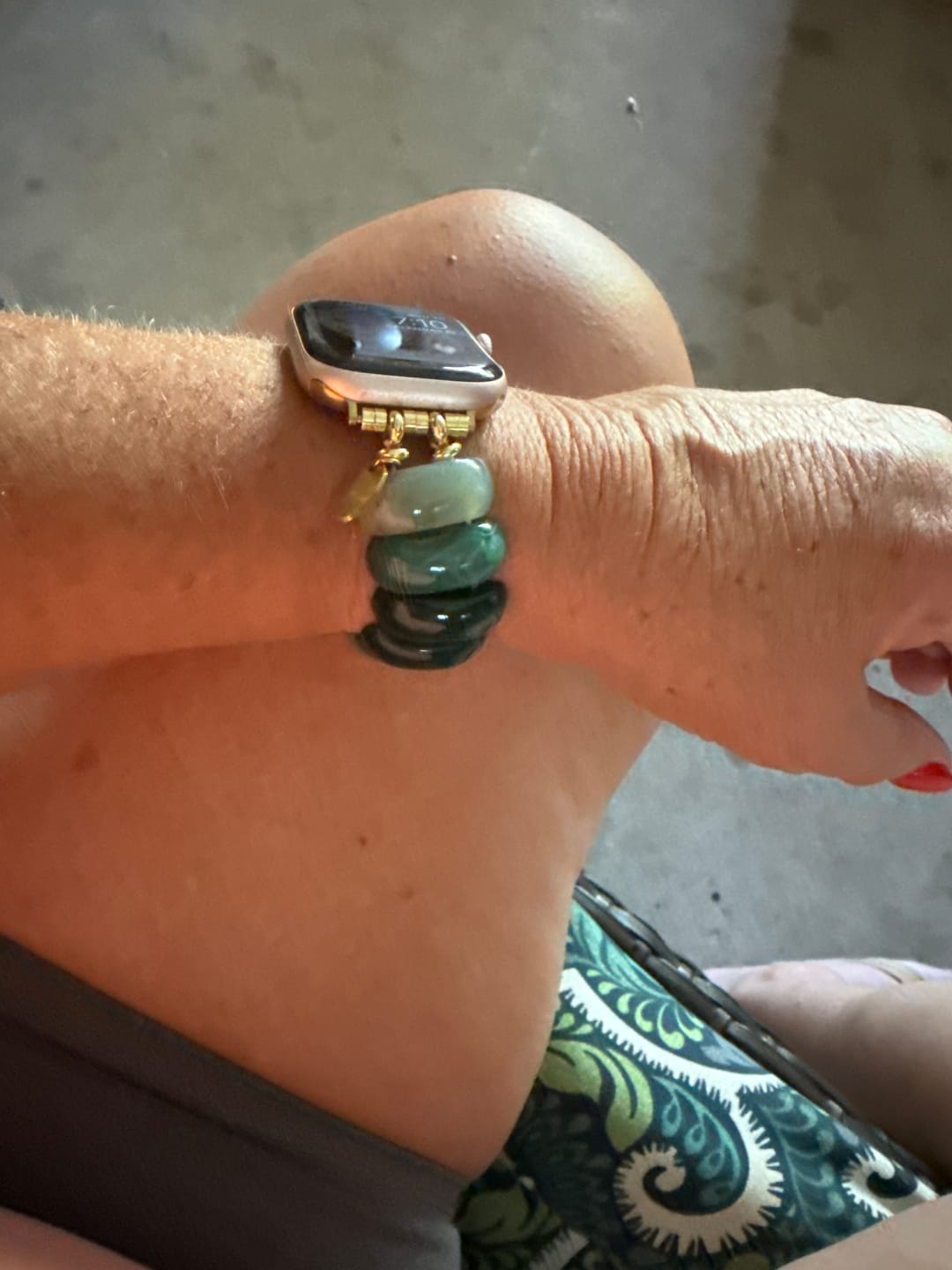 Customer photo review of Emerald Grove Agate Stretch Apple Watch Strap