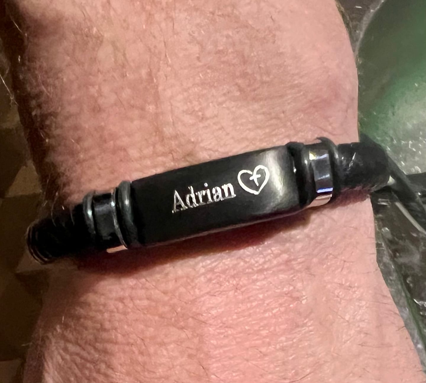 Customer photo review of Personalised Leather Bracelet with Black Bar