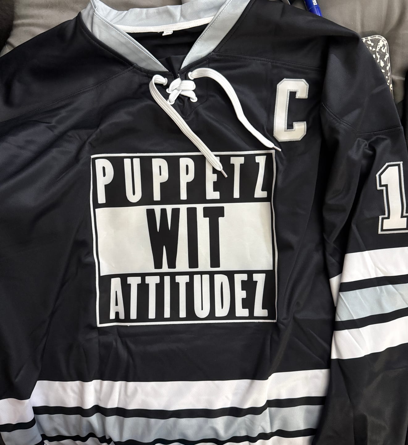 Customer photo review of Custom Black White-Gray Lace-Up Neck Hockey Jersey