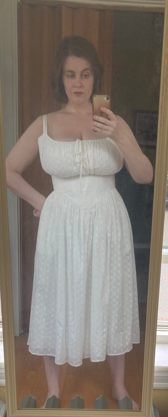 Customer photo review of 'Marie' Ivory Fuller Bust Midi Embroidery Dress