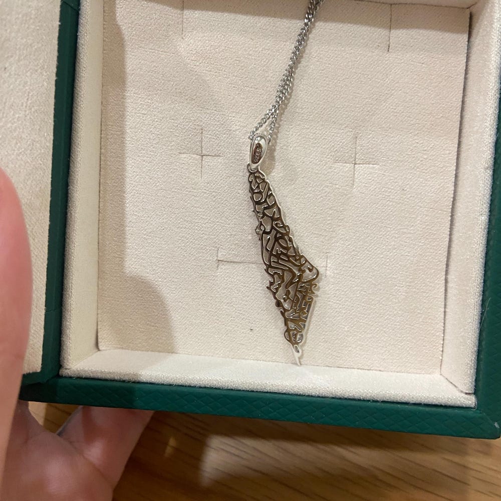 Customer photo review of Palestine Calligraphy Map Necklace