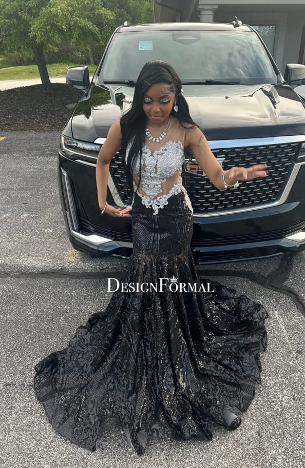 Customer photo review of Silver Shimmers Black Sequin Horsehair Trumpet Prom Dress