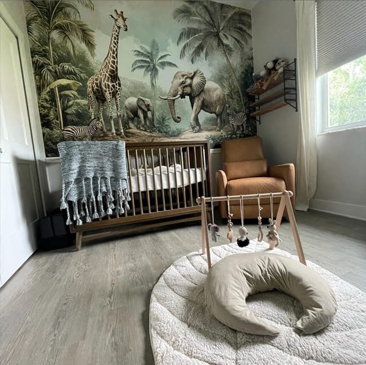 Customer photo review of Jungle Animals Nursery Mural, Giraffe Elephant Zebra Tropical Animals Wallpaper, Peel and Stick Safari Kids Wall Decor