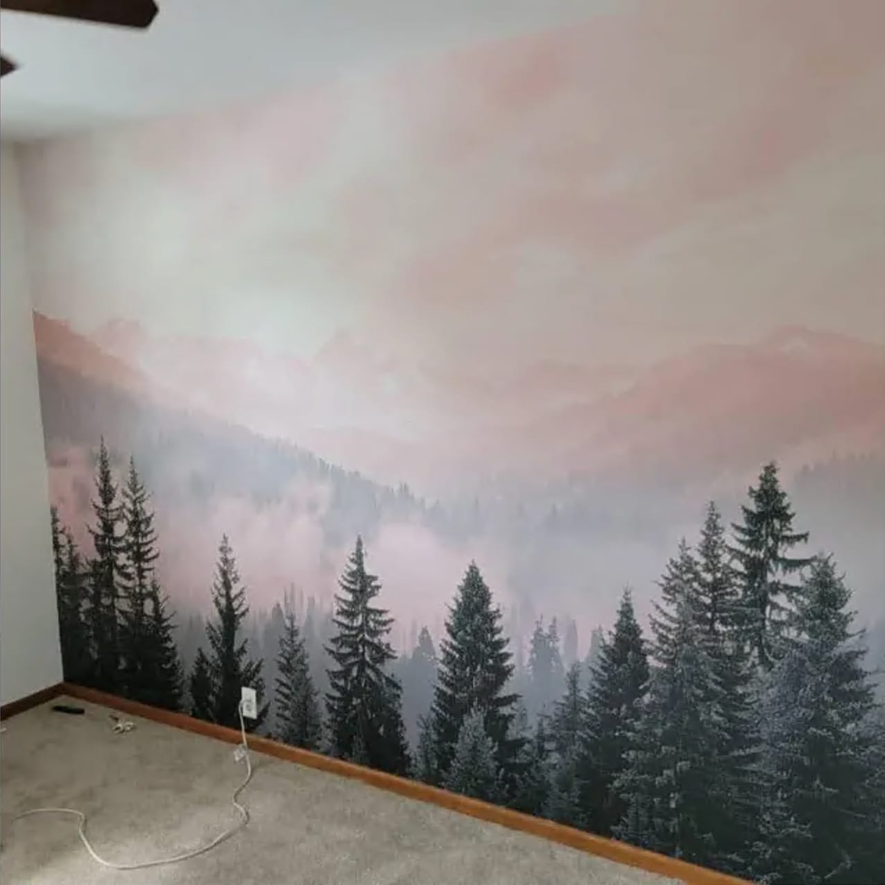 Customer photo review of Pink Mountain Landscape Wallpaper, Pine Forest Wall Mural, Nursery Mountains Mural, Peel and Stick Soft Pink Foggy Nature Accent Wall Decor