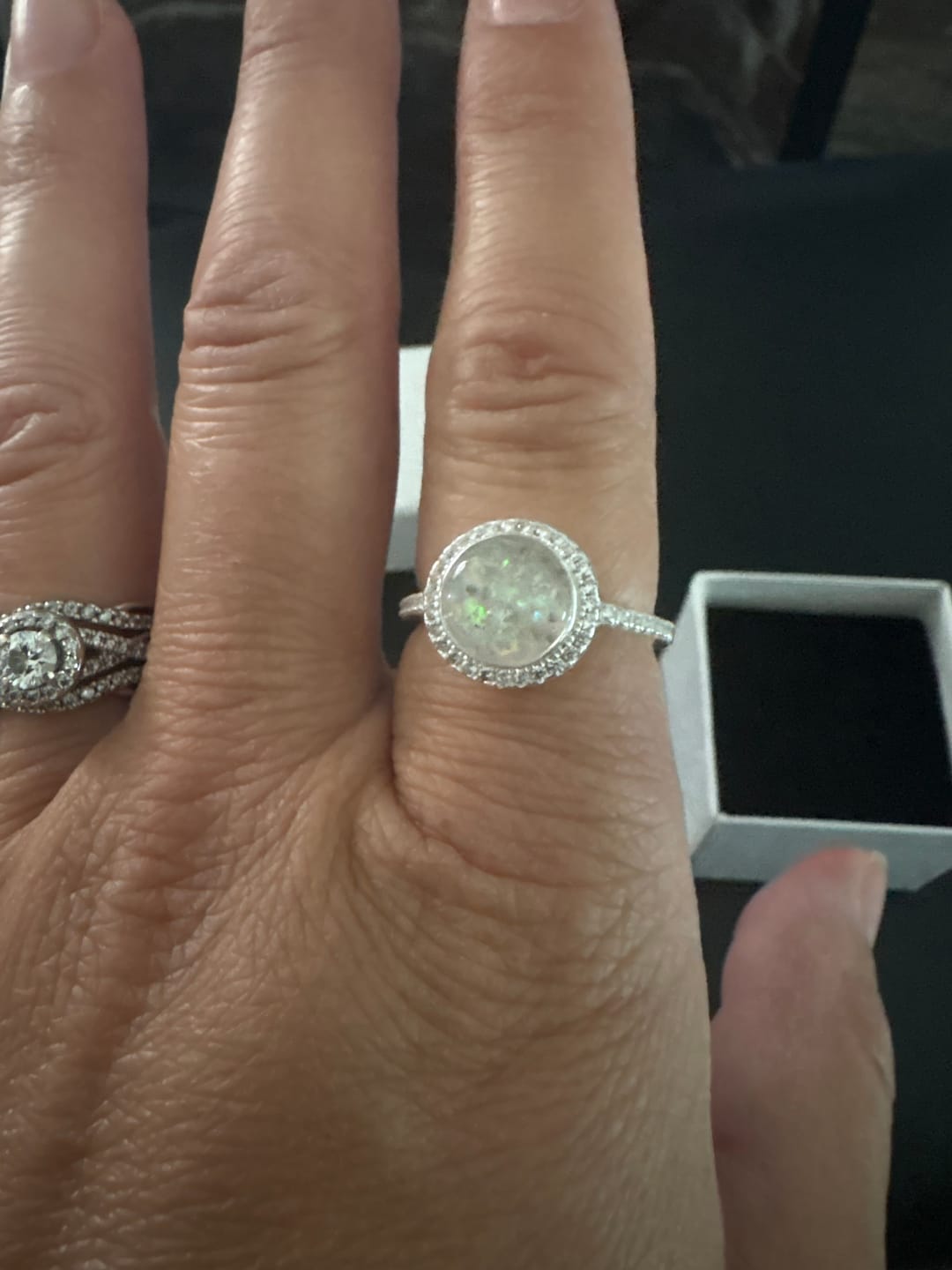 Customer photo review of Bedazzled Circle Opal Cremation Ring